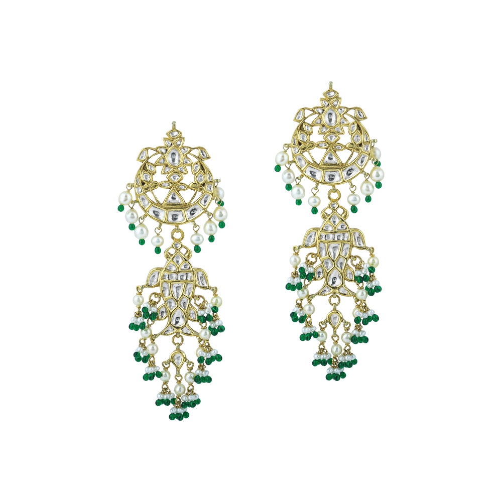 Polki Chandelier Earrings with Green Beads and Pearl Cascades